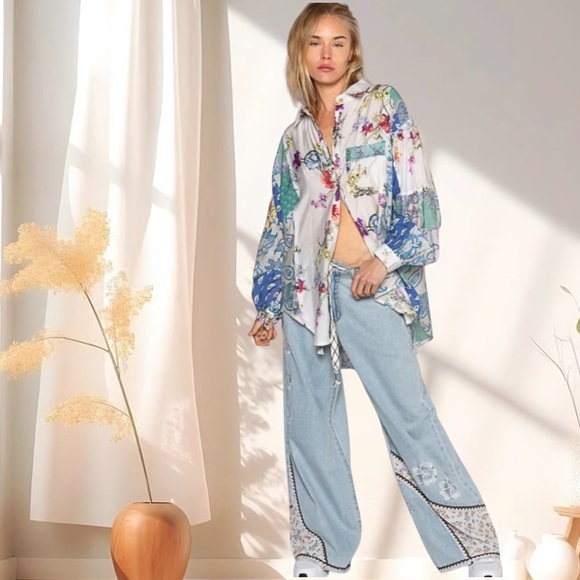 POL Floral Print Button Down Blouse Lightweight Oversized Bohemian Top - Picture 4 of 8